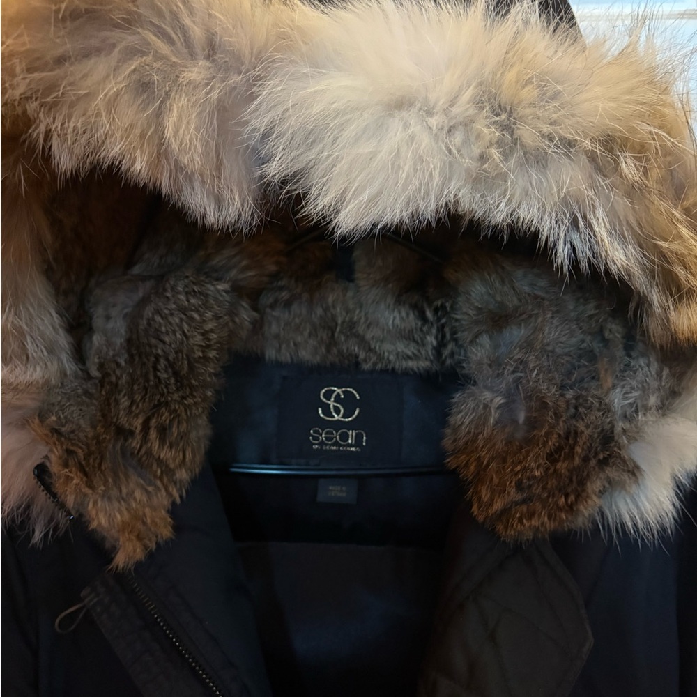 Black Puffer Jacket with Rabbit Fur Trim - Picture 2 of 5